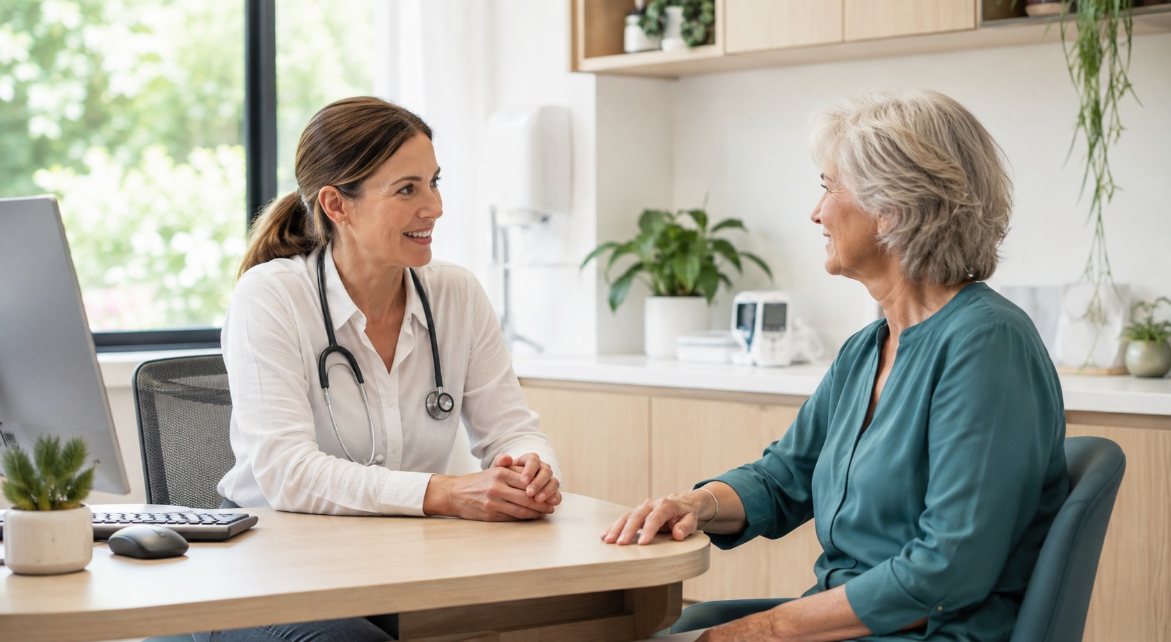 A general practitioner speaking with an older patient in a modern family clinic
