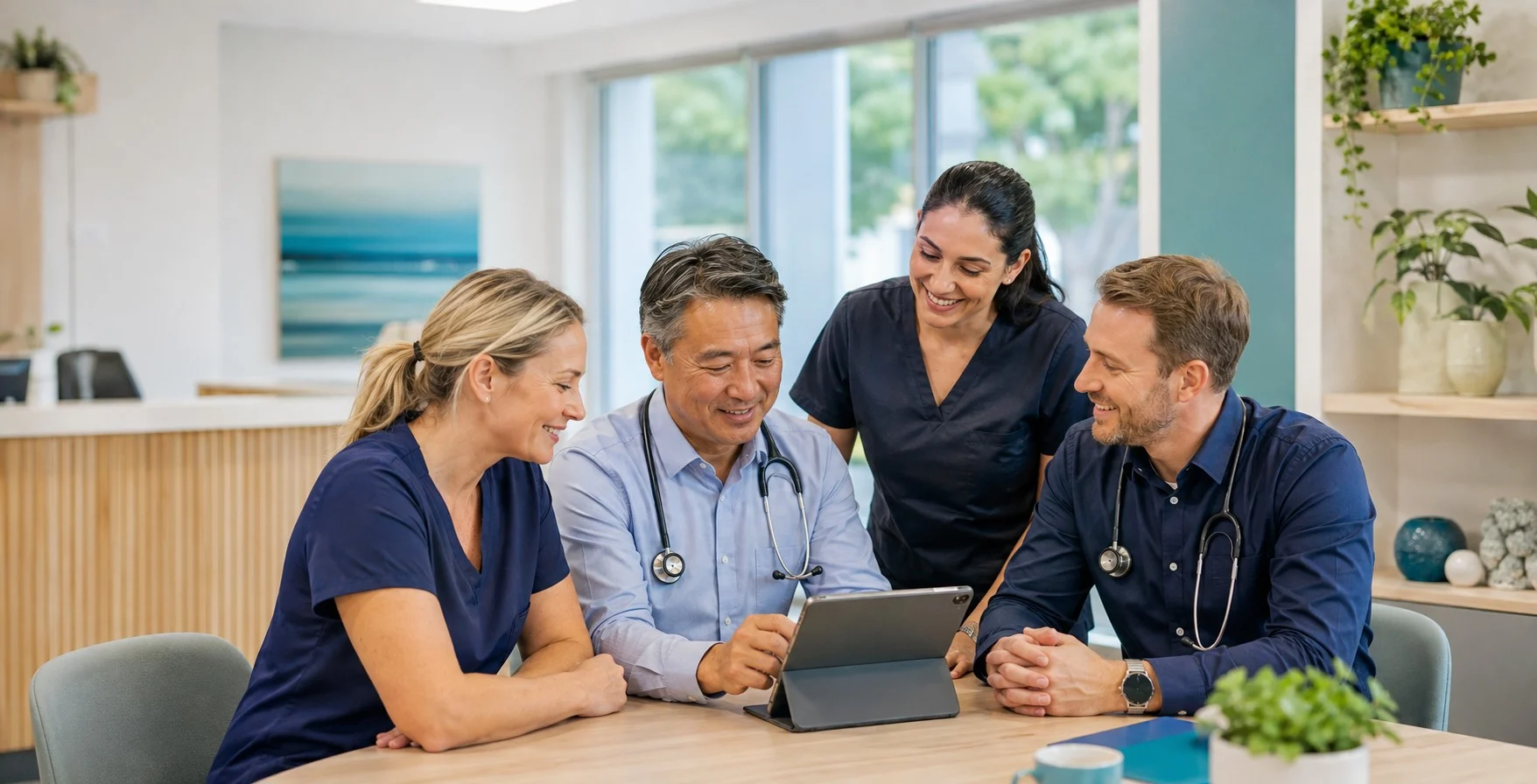 DermaCare healthcare professionals collaborating in a modern family clinic