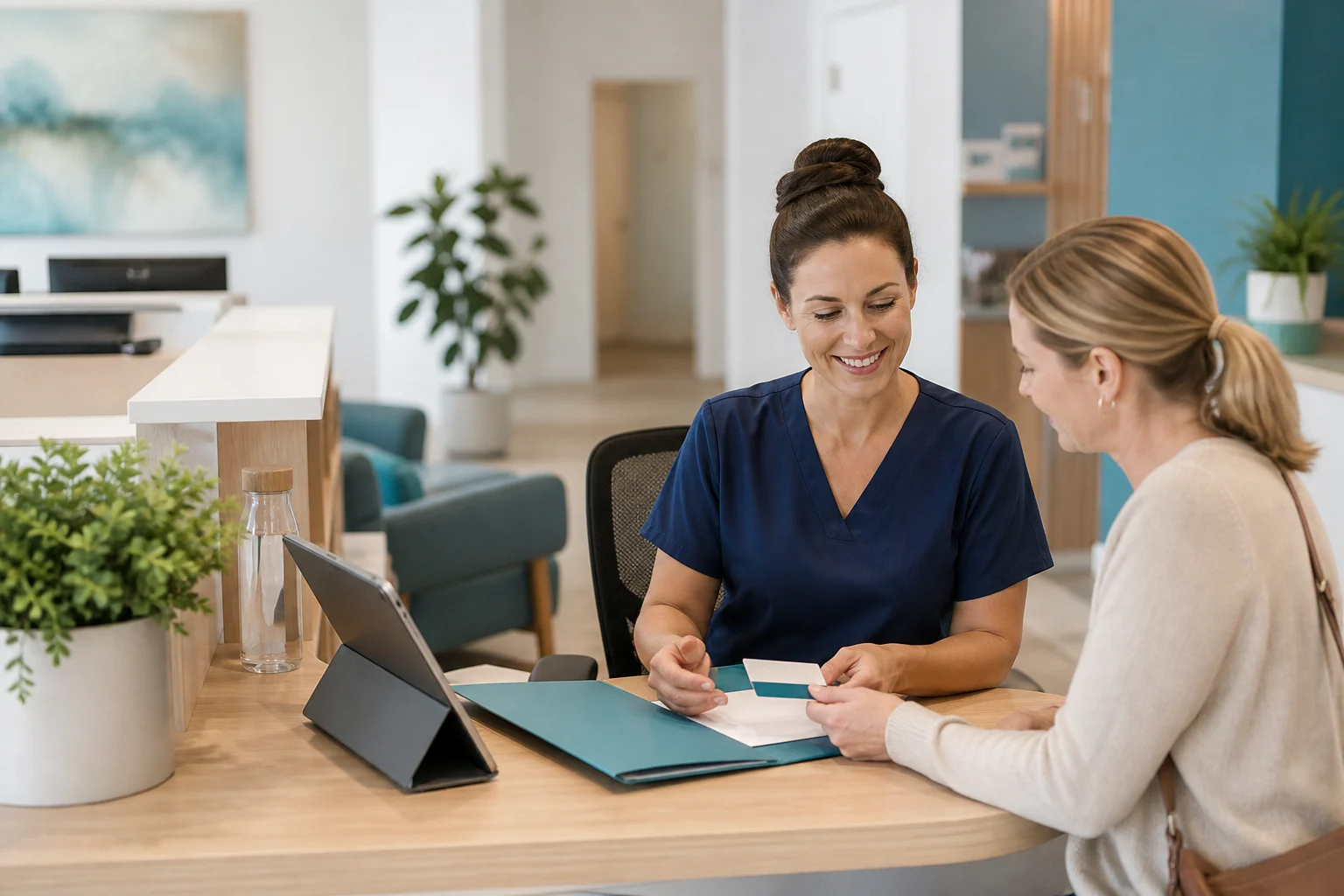 A patient reviewing appointment information with a DermaCare team member