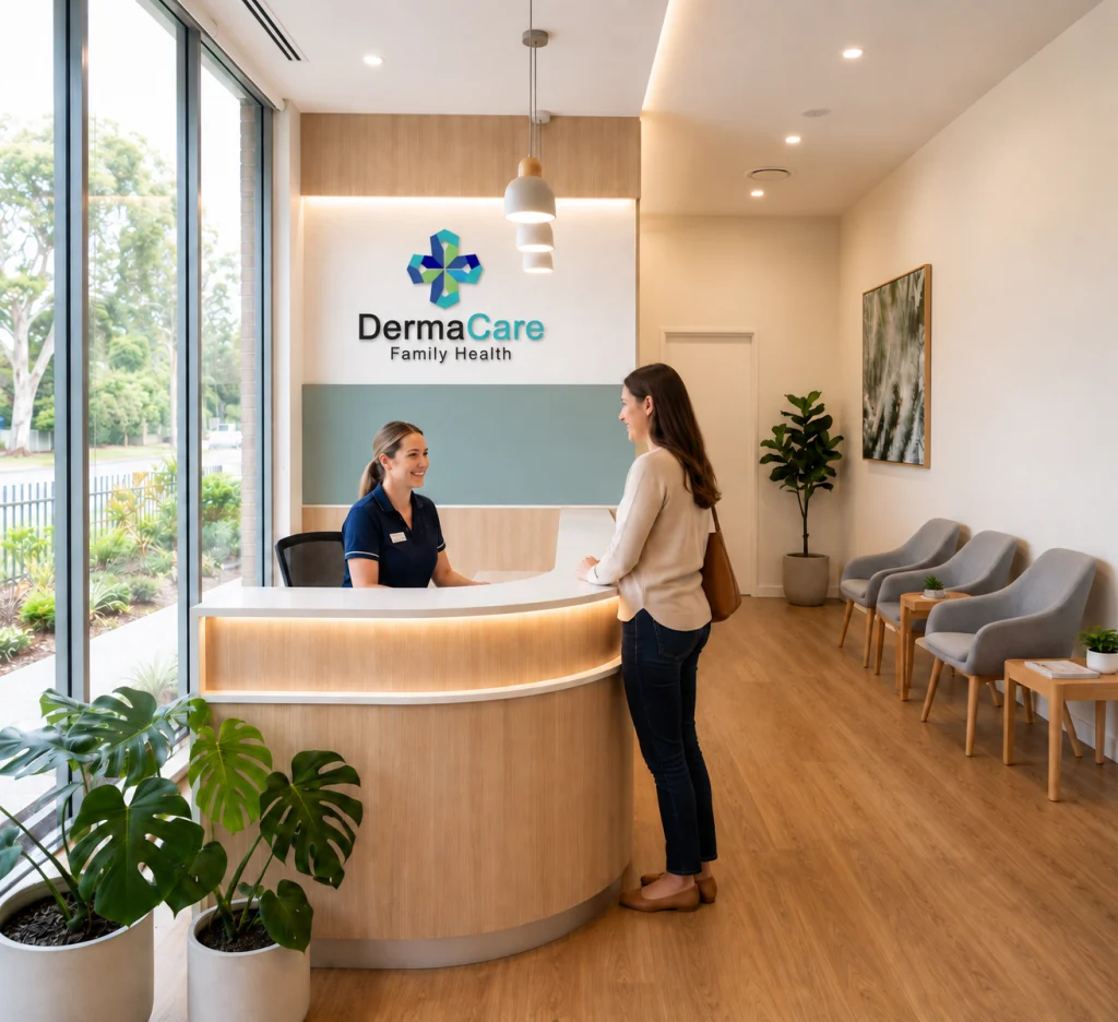A receptionist welcoming a patient beneath the DermaCare Family Health wall logo